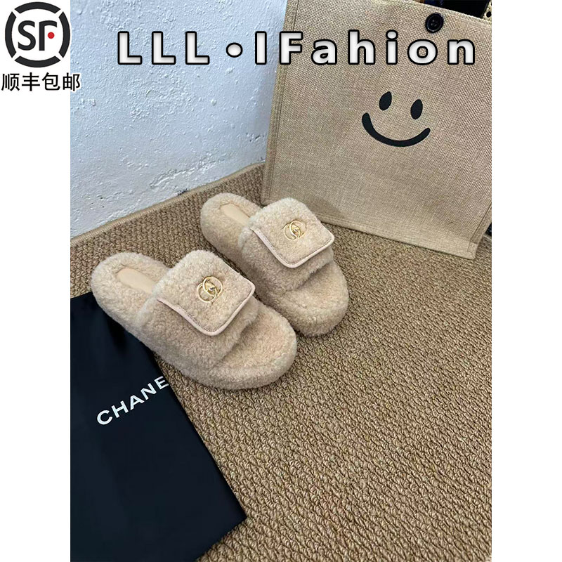 小香风厚底5cm毛毛鞋女外穿2025秋冬加绒保暖一字书包扣翻盖拖鞋 - 图3