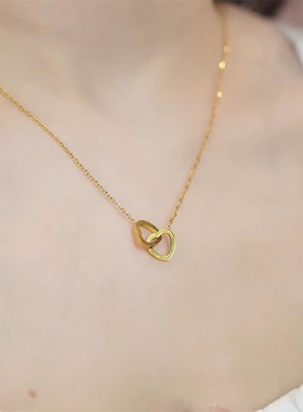 心心相扣双爱心项链女钛钢锁骨链