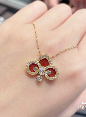 红玛瑙满钻鸢尾花钥匙项链