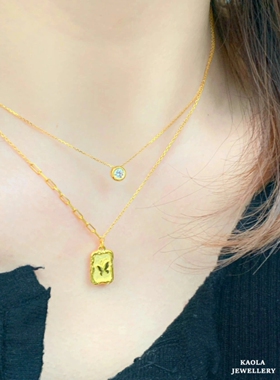 18K.金仙女复古蝴蝶牌项链 黄.金纯银小方牌吊坠锁骨链巧克力金币