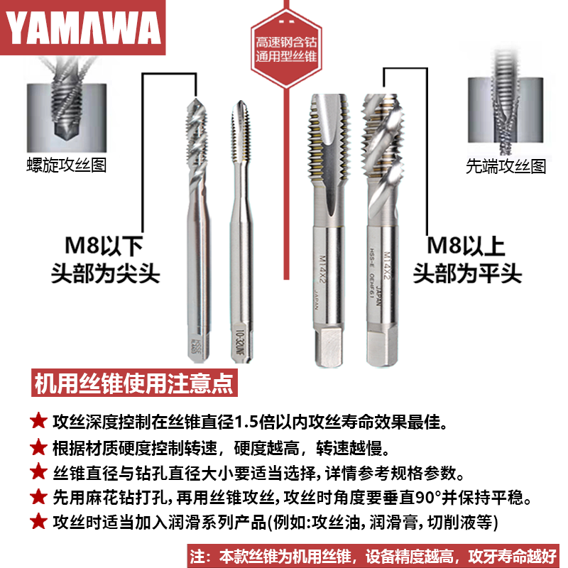 日本进口YAMAWA螺旋丝锥+SP m1.2m3m4雅马哇含钴铝铜钢用先端丝攻 - 图0