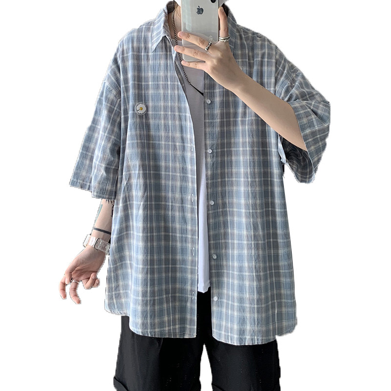 小雏菊格子短袖男ins潮夏季寸衬衫 慕甸衬衫