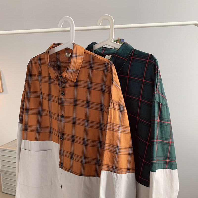 格子男长袖外套ins网红拼色衬衫 慕甸衬衫