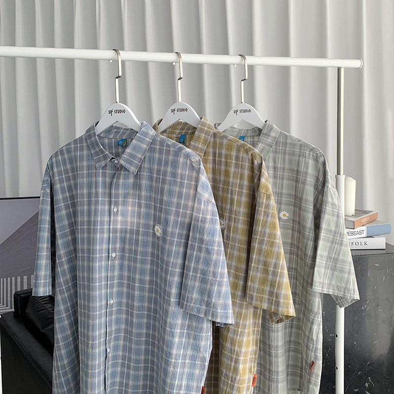 小雏菊格子短袖男ins潮夏季寸衬衫 慕甸衬衫