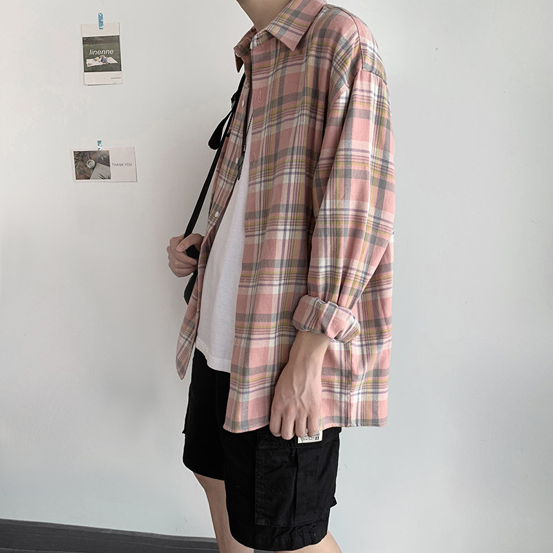 格子长袖韩版潮牌ins男生港风衬衫 慕甸衬衫