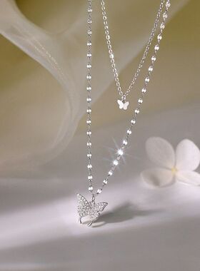 S999足银双层蝴蝶项链女高级轻奢2024新款叠戴颈链小众纯银锁骨链