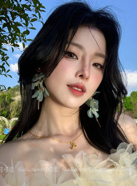 超仙渐变绿花瓣流苏长款耳环