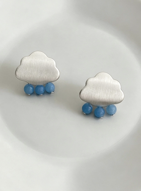 小众冷淡风磨砂银云朵雨滴耳钉
