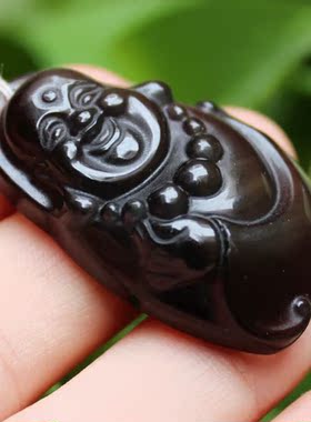 天然冰种彩虹眼黑曜石佛珠链吊坠