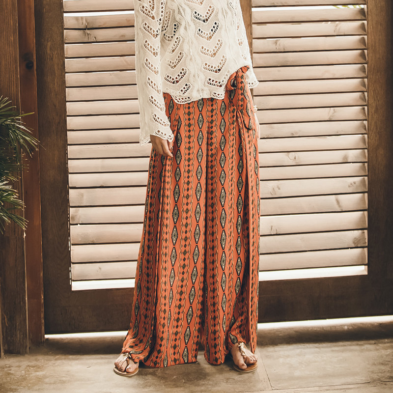 泰国海边度假波西米亚开叉女阔腿裤 芊茹休闲裤
