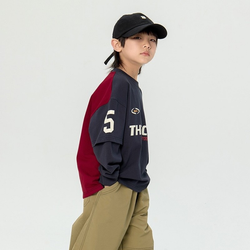 男童帅气撞色拼接数字5印花假两件长袖T恤儿童圆领套头打底衫上衣,淘宝优惠券,粉丝福利购,淘宝优惠卷