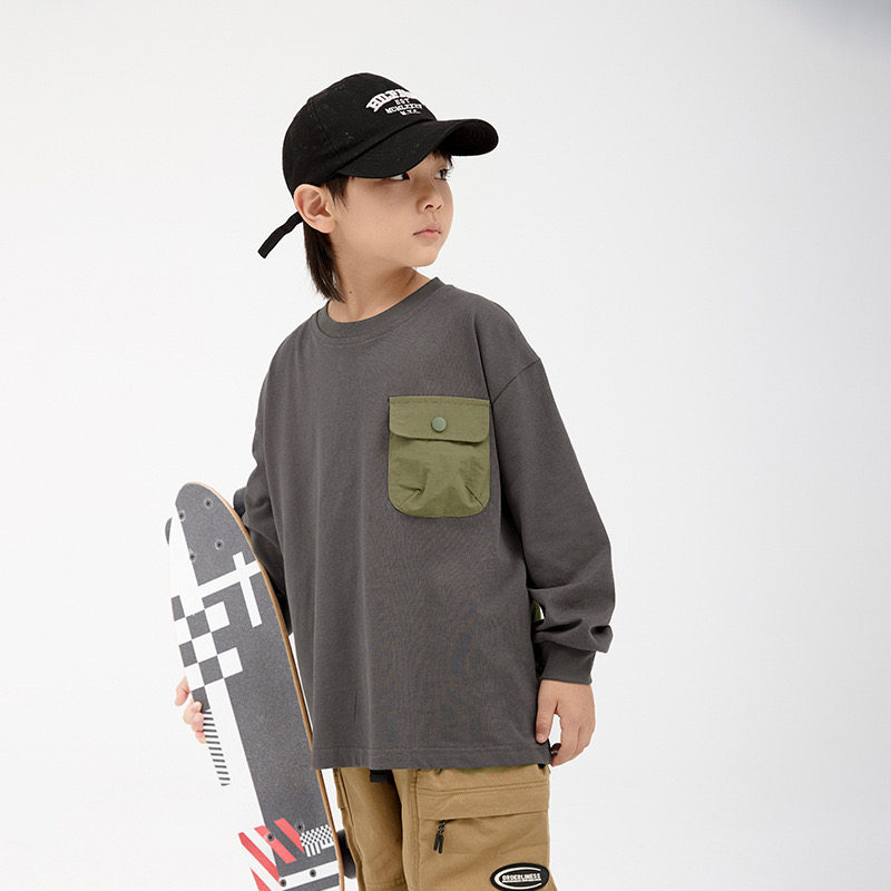日系拼布假两件户外山系风口袋长袖T恤卫衣 男童秋季圆领拼色上衣,淘宝优惠券,粉丝福利购,淘宝优惠卷