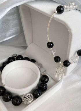 地心引力简约黑曜石情侣感应手链