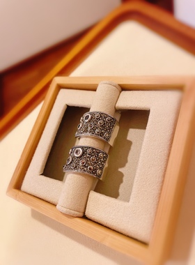 泰银宽面食指戒925纯银复古马赛克钨钢钻石榴石夸张戒指抢眼时尚