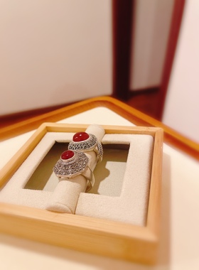 尼泊尔手工银戒指925纯银红玛瑙戒指厚银质钨钢钻马赛克食指戒