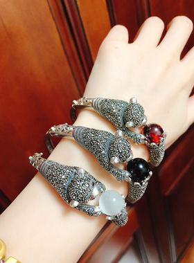 尼泊尔大码玛瑙霸气风纯银手镯