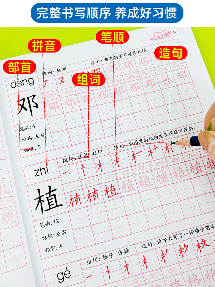 人教版小学生二年级下册字帖生字认读听写同步训练字帖汉字描红本带田字格组词造句子笔画笔顺偏旁部首写字帖看拼音写词语字词句_虎窝淘