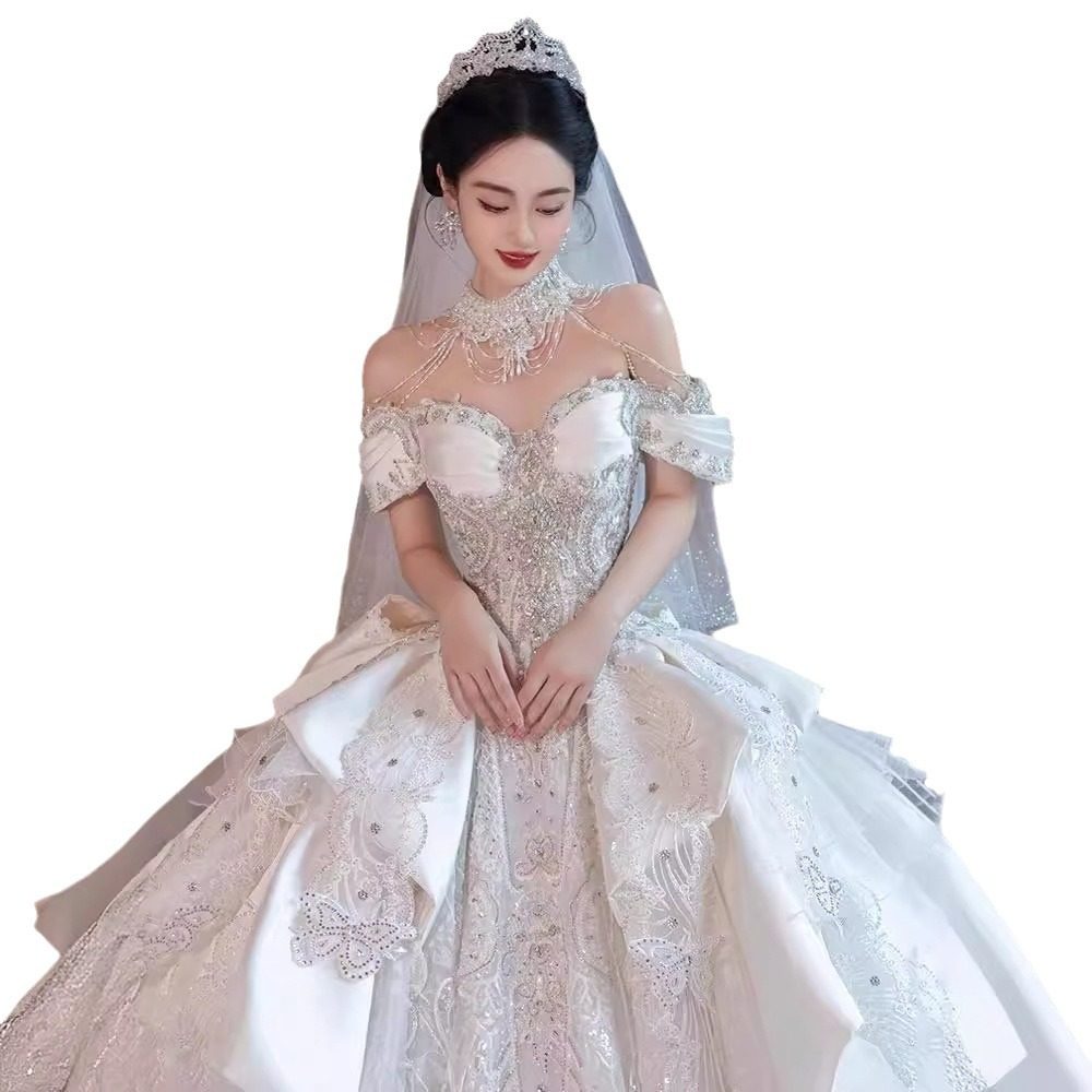 一字肩缎面婚纱2025新娘新款主纱高级质感法式重工奢华高定长拖尾,淘宝优惠券,粉丝福利购,淘宝优惠卷