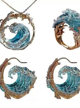 亚马逊热卖款浪花项链套装创意新款轻奢海浪造造型戒指耳环百搭