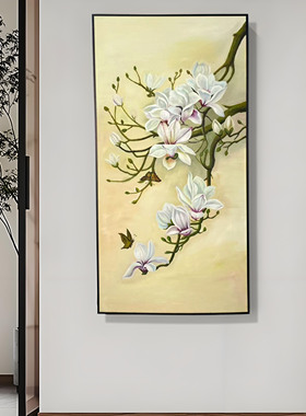 纯手绘油画玉兰花装饰画客厅玄关走廊过道挂画新中式玉兰花鸟图