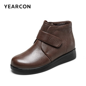 意尔康女鞋2025冬季短靴真皮短筒皮靴中老年妈妈棉鞋加绒奶奶皮鞋