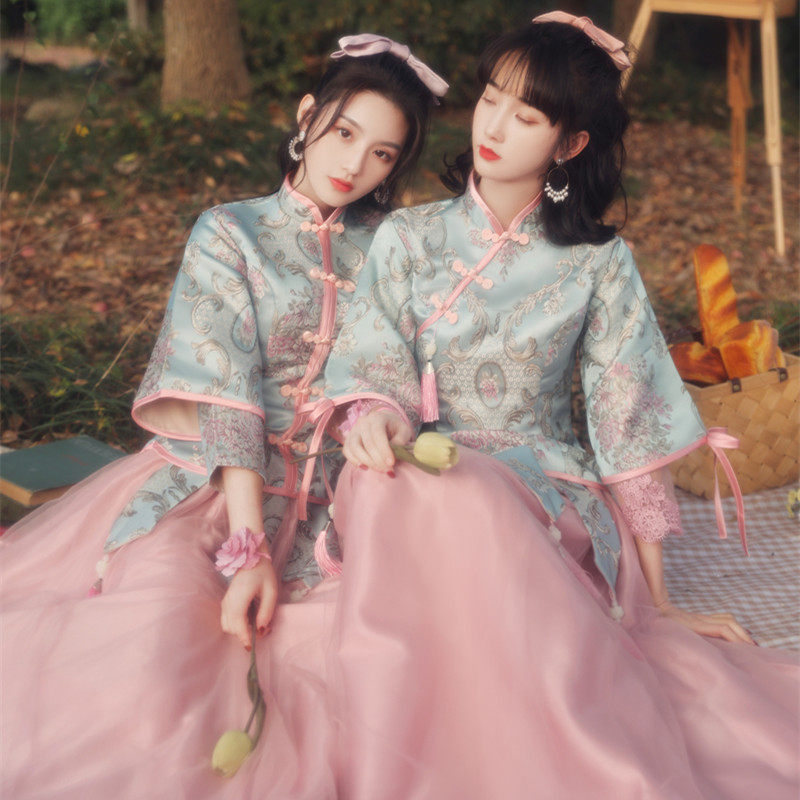 出租赁伴娘服中式中国风大气红闺蜜姐妹团大码礼服旗袍长袖裙显瘦