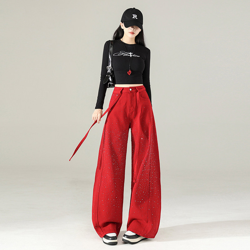 妈个鸡妈MGJM复古新年红满天星烫钻牛仔裤宽松阔腿弯刀裤拖地男女,淘宝优惠券,粉丝福利购,淘宝优惠卷