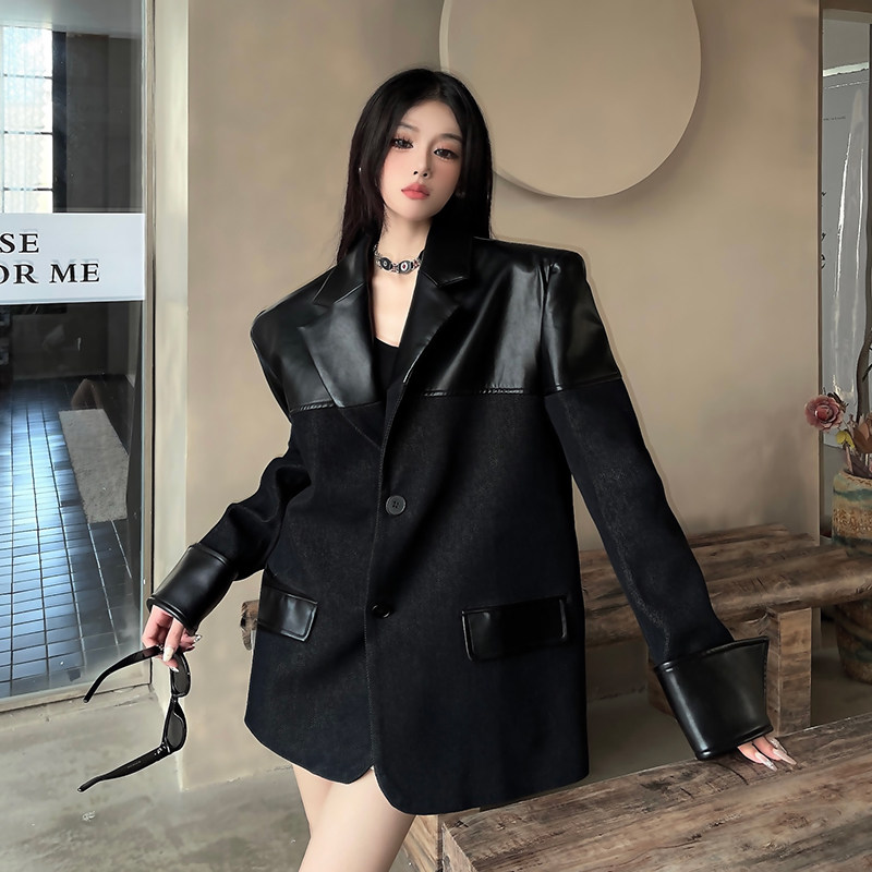 妈个鸡妈MGJM痞帅街头秋季PU皮拼接长袖西装外套宽松休闲西服男女,淘宝优惠券,粉丝福利购,淘宝优惠卷