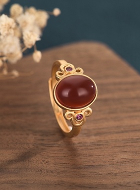 新款创意设计古法金镶嵌红玛瑙戒指气质百搭女士款开口指环