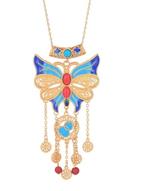 2021国潮新品中国风旗袍汉服首饰冷珐琅工艺蝴蝶结流苏复古项链女