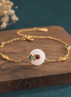 新款鎏金仿和田玉平安扣手链烤蓝工艺镶嵌铜镀金宫廷复古风手饰