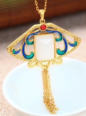 2022国潮风小众设计感轻奢镶嵌仿和田玉复古宫廷团扇流苏项链女