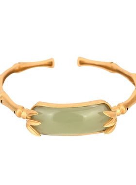 艾尔缘国潮风古法镀金镶嵌仿和田玉竹叶青节节高手镯女款简约手环