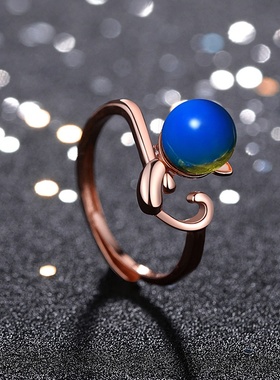 网红韩版小喵咪手饰镶嵌多米尼和合成蓝珀琥珀蜜蜡女戒指