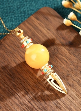 网红直播供货民族风古法镀金镶嵌仿老蜜圆珠金刚杵男女吊坠项链