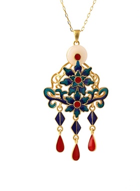 景点地摊热卖中国风珐琅滴釉工艺仿和田玉流苏项链如意平安锁挂坠