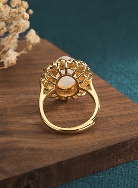 中国风复古宫廷设计铜镀金满钻玉髓玛瑙戒指指环网红直播带货同款