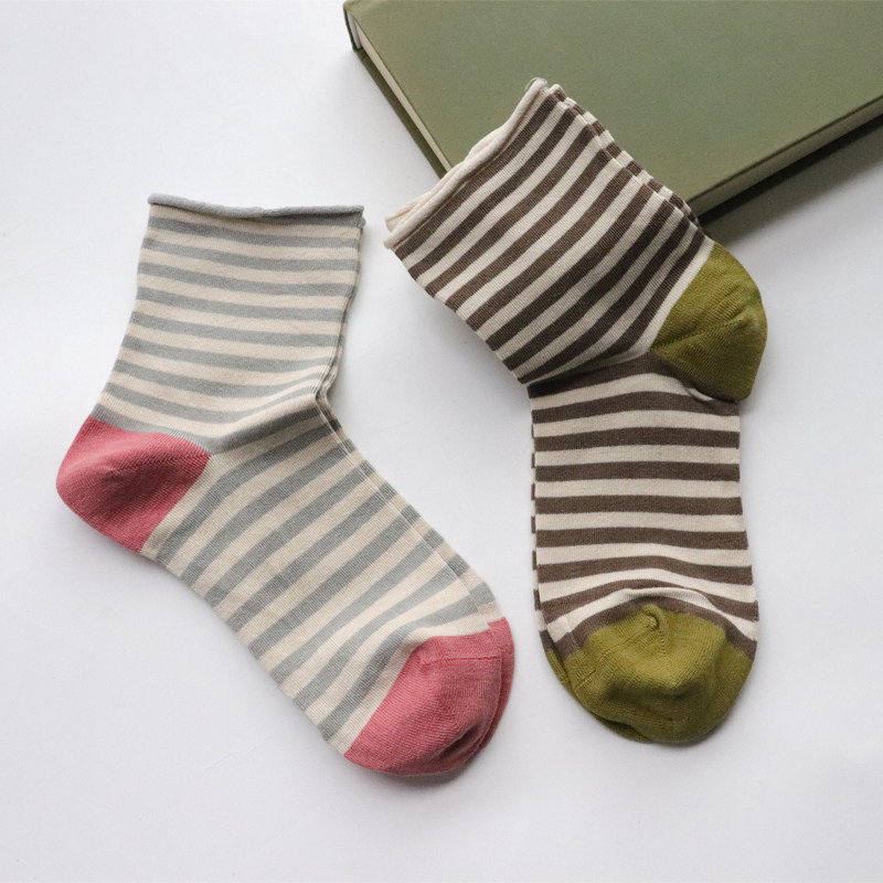 条纹绢丝卷边短袜ins日系百搭学院风中筒袜撞色桑蚕丝春夏堆堆袜,淘宝优惠券,粉丝福利购,淘宝优惠卷