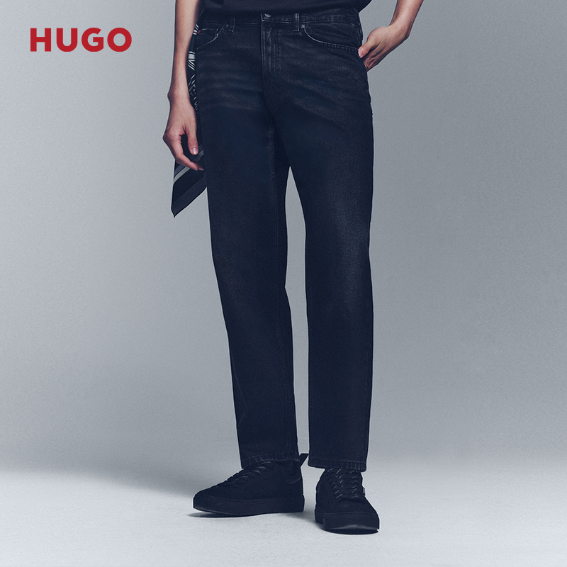 【100%棉】HUGO雨果 男士2025秋款黑色牛仔布锥形牛仔裤,淘宝优惠券,粉丝福利购,淘宝优惠卷