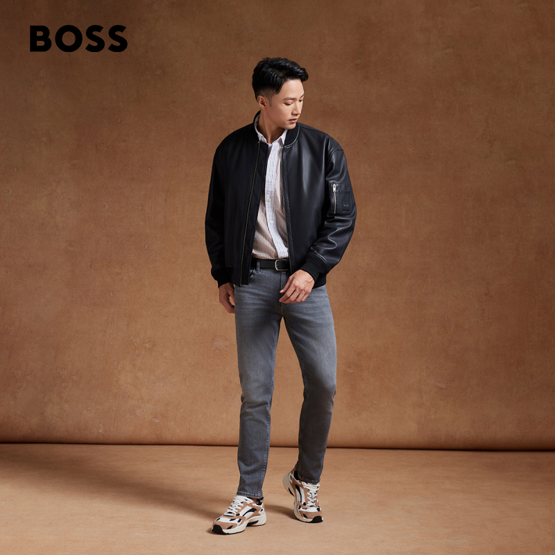 【羊皮棒球领】HUGO BOSS男士宽松版型飞行员皮衣夹克