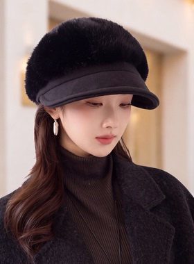 秋冬毛绒仿皮草显脸小报童帽女