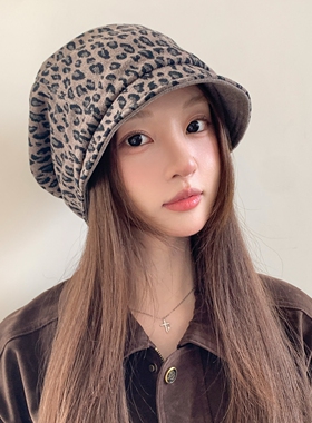 复古豹纹双面堆堆帽女保暖显脸小