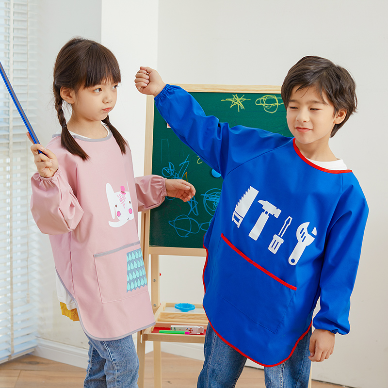 儿童画画罩衣长袖防水魔术贴幼儿园美术绘画反穿衣围兜男女宝围裙