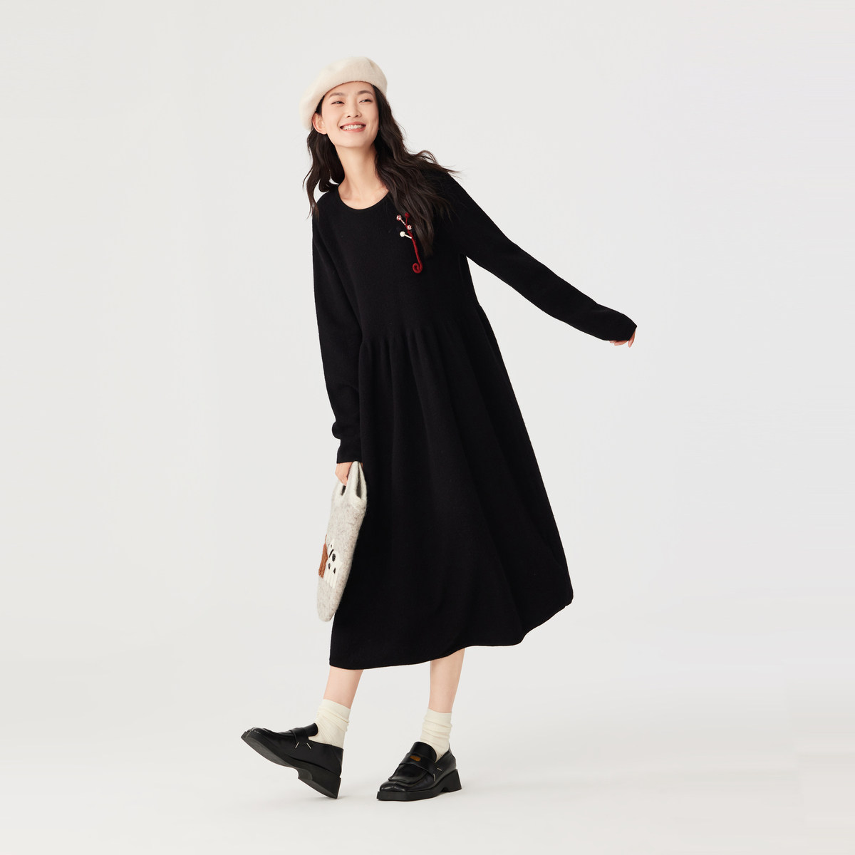 飞鸟和新酒商场同款女装新款中长款宽松毛呢连衣裙FZ470184012