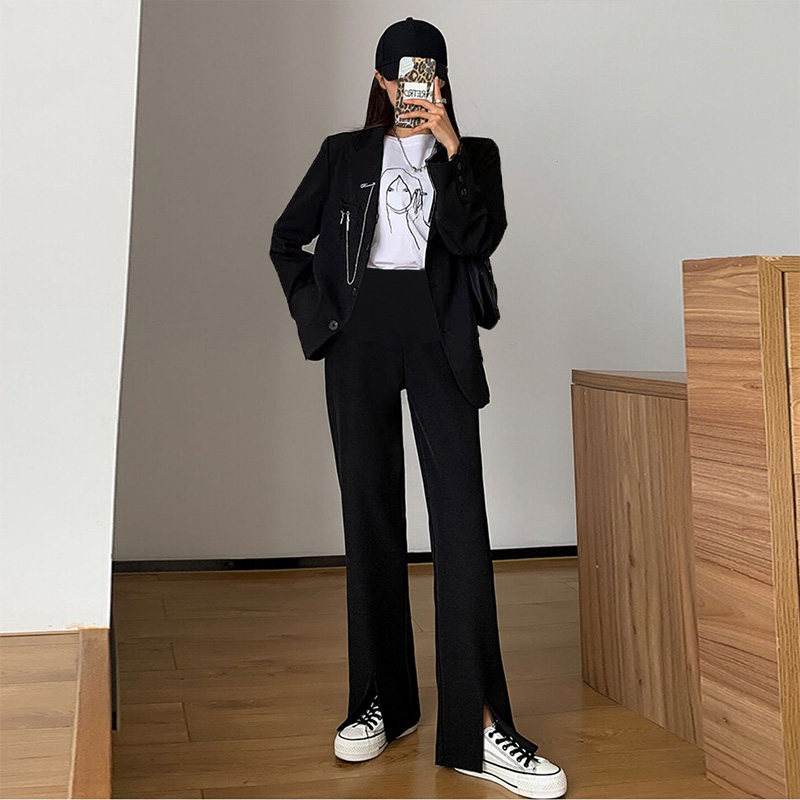 孕妇春秋款黑色新款托腹白色阔腿裤 粉红仔仔孕妇阔腿裤