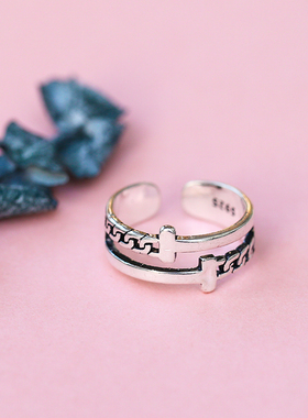 双层锁链戒指泰银编织日韩风开口