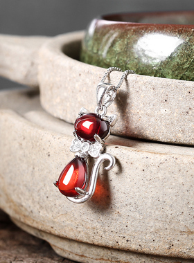 s925纯银石榴石盒子链女小猫高级