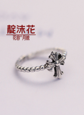 s925银十字架戒指复古花纹指环
