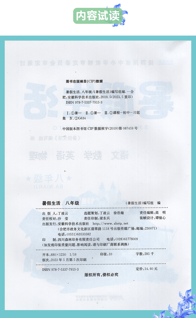 四川专用 暑假生活 八年级/8年级 语文数学英语物理 安徽科学技术出版社
