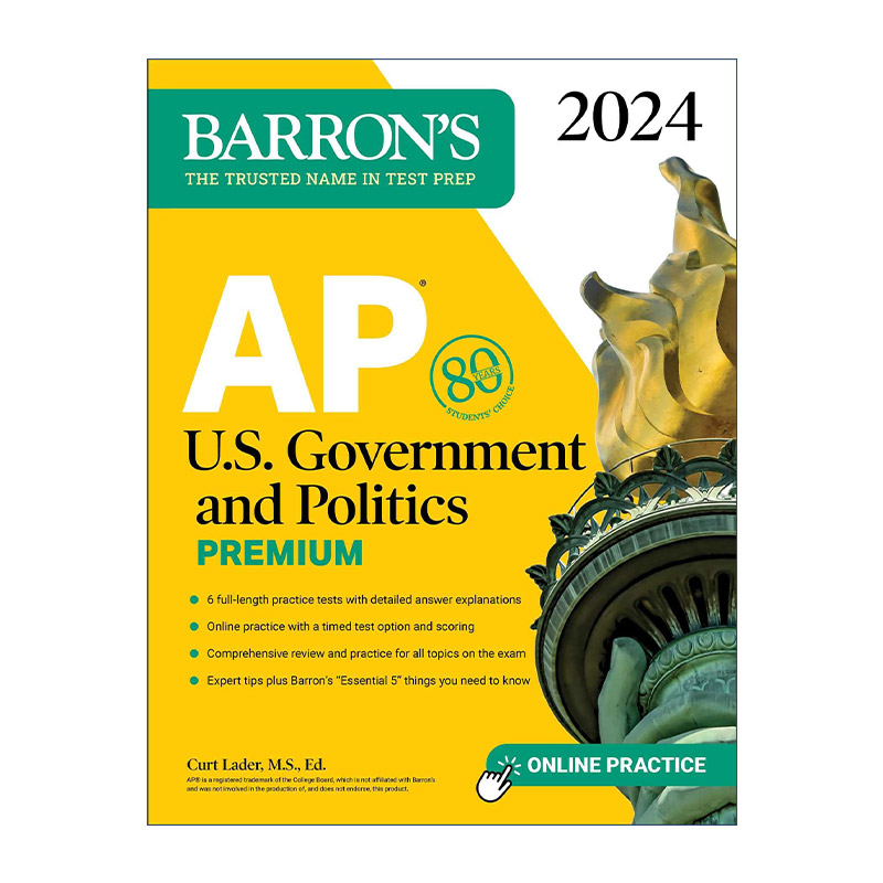 英文原版 AP U.S. Government and Politics Premium 2024 巴朗AP美国政府与政治备考指南2024 高级版 6套题+综合复习+在线练习 - 图0